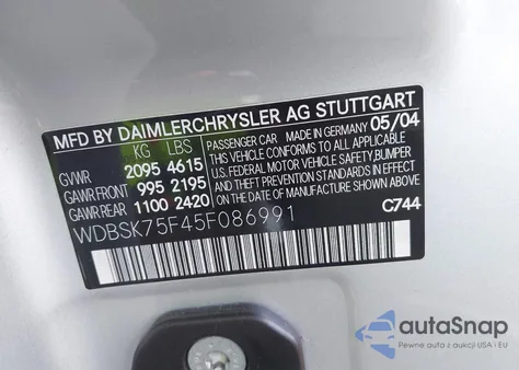 2005 Mercedes-Benz Sl 500 z USA, uszkodzony, nr VIN WDBSK75F45F086991